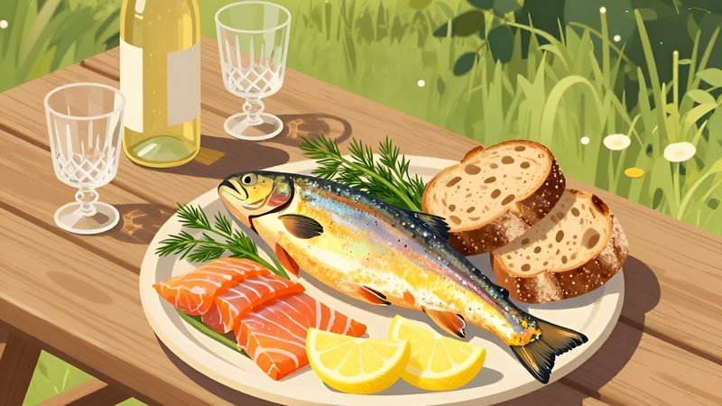 Набор копченого лосося и форели с лимоном и хлебом для летнего пикника от Ларри Крабс